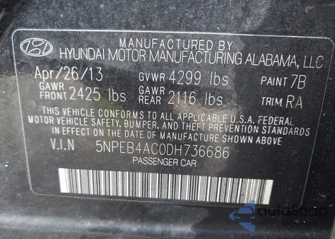 2013 Hyundai Sonata Gls z USA, uszkodzony, nr VIN 5NPEB4AC0DH736686